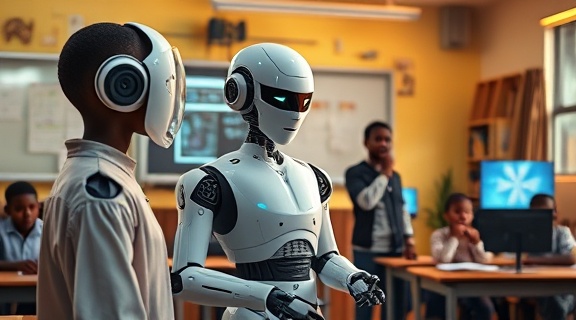 AI robotic assistants in African school, thoughtful educator, teaching children about AI ethics, photorealistic, modern classroom with smart boards and cultural artifacts, highly detailed, students engaging with holographic interfaces, 8K texture, warm earth tones, diffused morning light, shot with a 50mm lens.