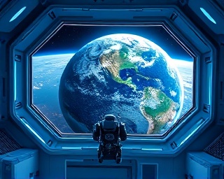 AI news broadcast from space station, intriguing, reporting from orbit, photorealistic, inside a futuristic space station overlooking Earth, highly detailed, rotating planet view through panoramic windows, 4k resolution, bright blues and whites, cosmic lighting, shot with a 24mm wide-angle lens.