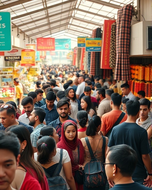 equitable AI fairness, encouraging, promoting inclusivity, photorealistic, in a bustling multicultural market, diverse crowd dynamics, ultra HD, vibrant mix of colors, natural sunlight, shot with a wide-angle lens.