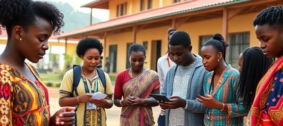African AI educational campus, enthusiastic students, learning about AI ethics and technology, photorealistic, vibrant campus with traditional and digital architecture, highly detailed, group projects with interactive screens, 4K fidelity, bright multicultural visuals, natural daylight, shot with a macro lens.