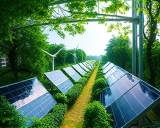 eco-friendly internet infrastructure, harmonious and green, efficiently reducing emissions, photorealistic, lush greenery intertwined with advanced technology, highly detailed, solar panels and wind turbines in motion, 6K clarity, green and earthy tones, natural sunlight filtering through, shot with a fisheye lens.