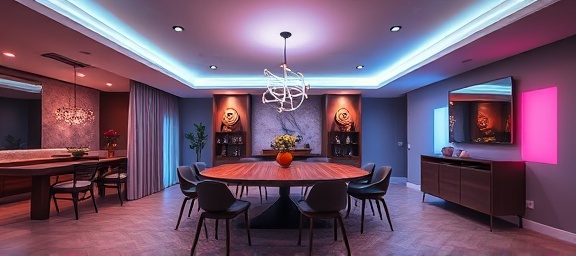 innovative smart home lighting, elegant, changing color based on time of day, photorealistic, dining area with a large oval table and modern chairs, highly detailed, delicate interplay of lights, 8K resolution, multi-colored, soft overhead spotlight, shot with a fisheye lens.