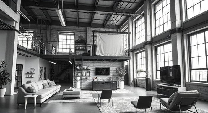 modern smart home automation, seamless, integrating with voice commands, photorealistic, spacious loft with industrial elements, highly detailed, visible network connections and smart interfaces, crystal clear, monochrome, diffused lighting, shot with a tilt-shift lens.