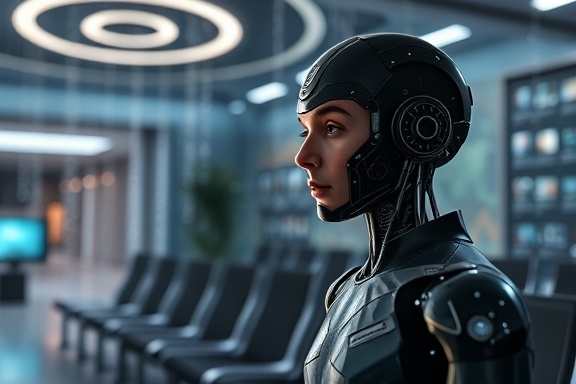 AI developer interviewed by AI, intrigued expression, negotiating contract terms, photorealistic, virtual waiting room with celestial motifs, highly detailed, rotating data streams, 6k resolution, neural net patterns, moody soft lighting, shot with a panoramic lens.