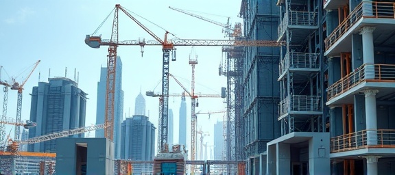 AI tech urban development, advanced, building a smart city, photorealistic, construction site with smart infrastructure and technology, highly detailed, automated machinery and IoT devices, 8k resolution, metallic grays and vibrant displays, midday sunlight, shot with a 35mm lens.